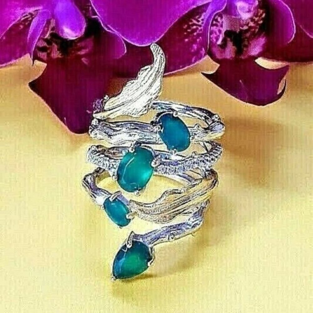 Beautiful Natural Green Agate Gemstone 925 Sterling Sliver Ring (Adjustable)